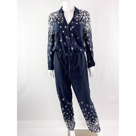Lilka Anthropologie Size S Navy Blue Floral LAKESHORE Long Sleeve Jumpsuit - Picture 1 of 5